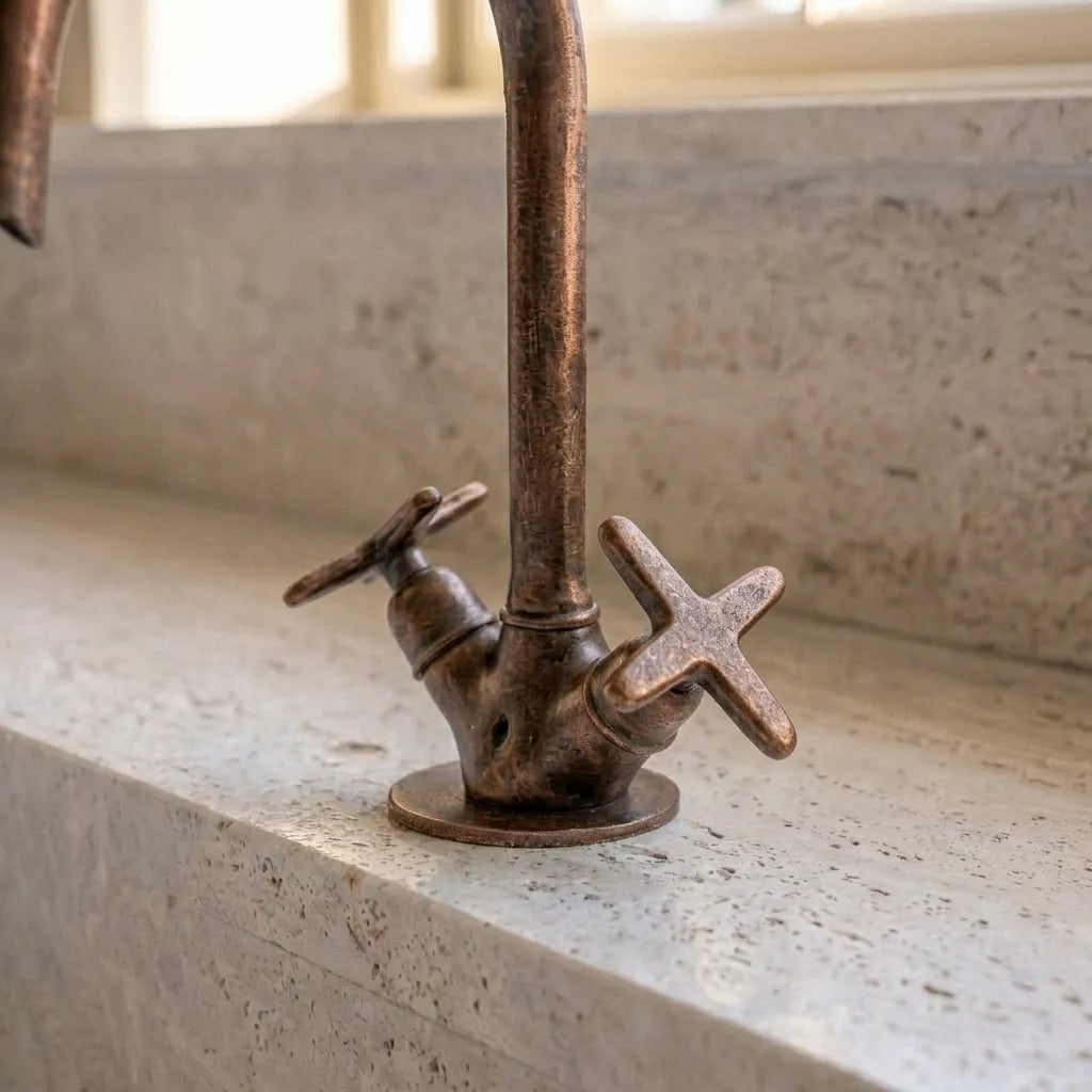 Rustic Aged Copper Vanity Faucet with Goose Neck Spout