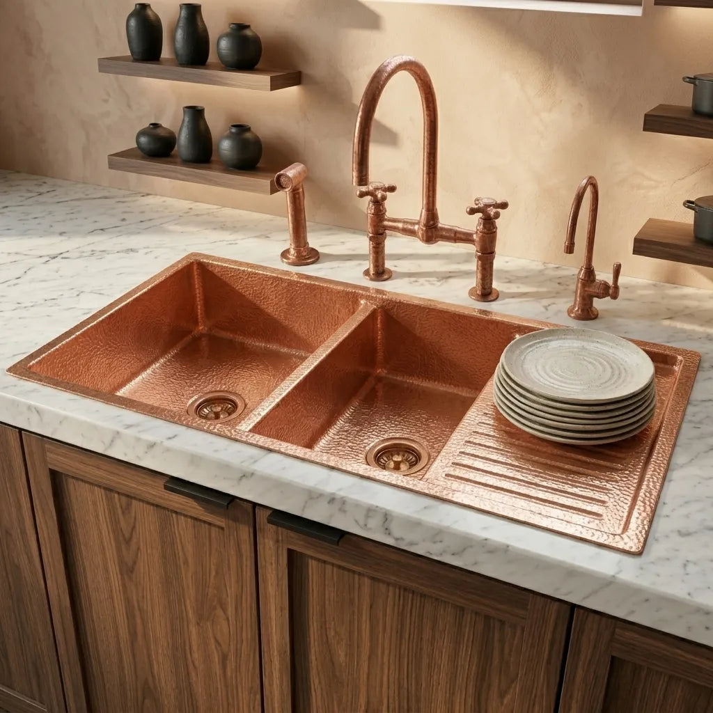 Hammered Copper Double Bowl Kitchen Sink with Built-In Drainboard