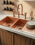 Hammered Copper Double Bowl Kitchen Sink with Built-In Drainboard