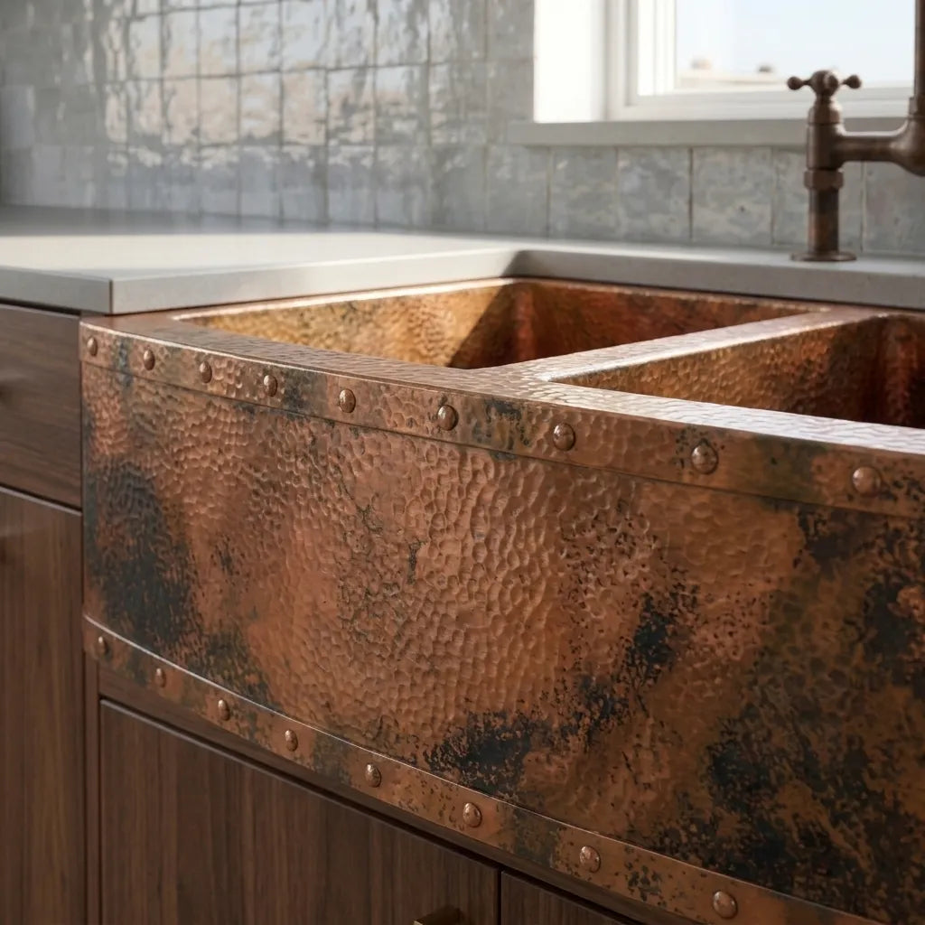 Double Bowl Hammered Copper Farmhouse Sink with Riveted Apron