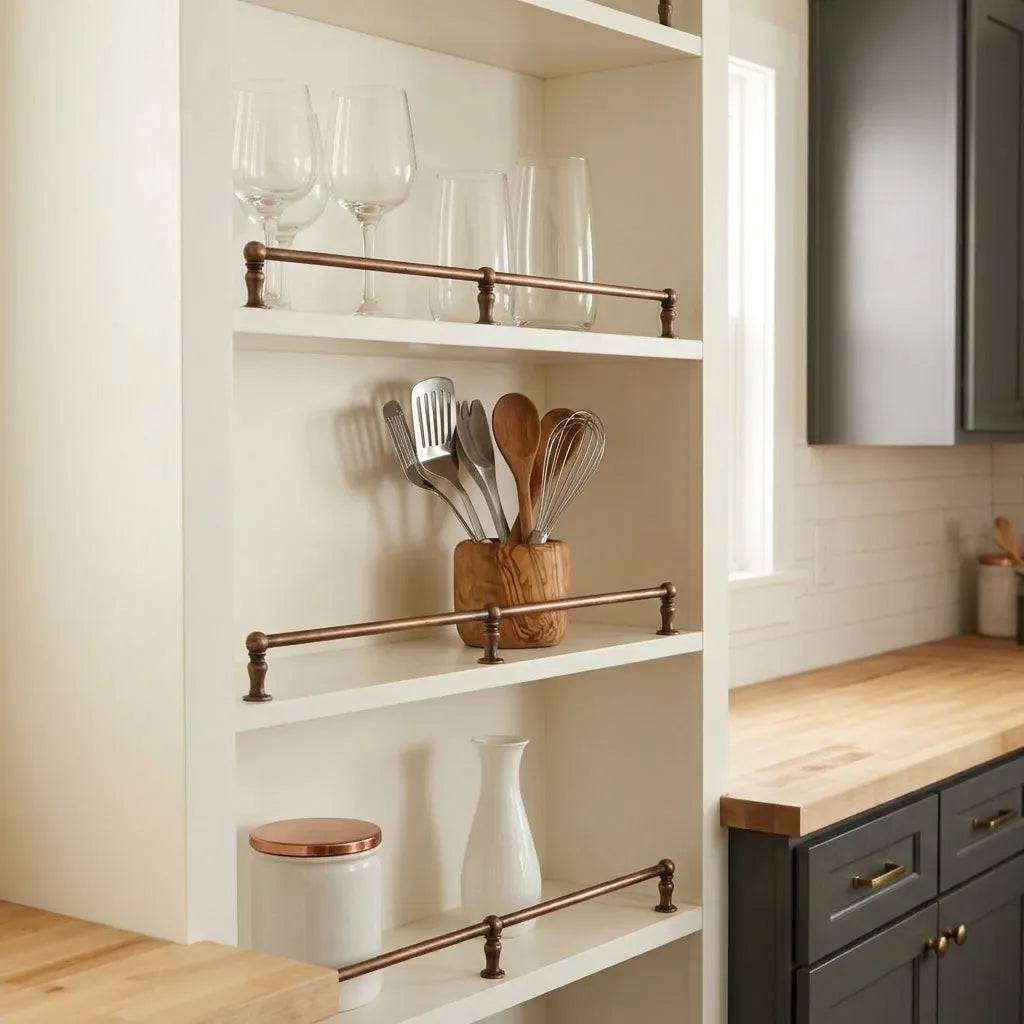 Burnished Copper Shelf Guard Rail for Kitchen Cabinets