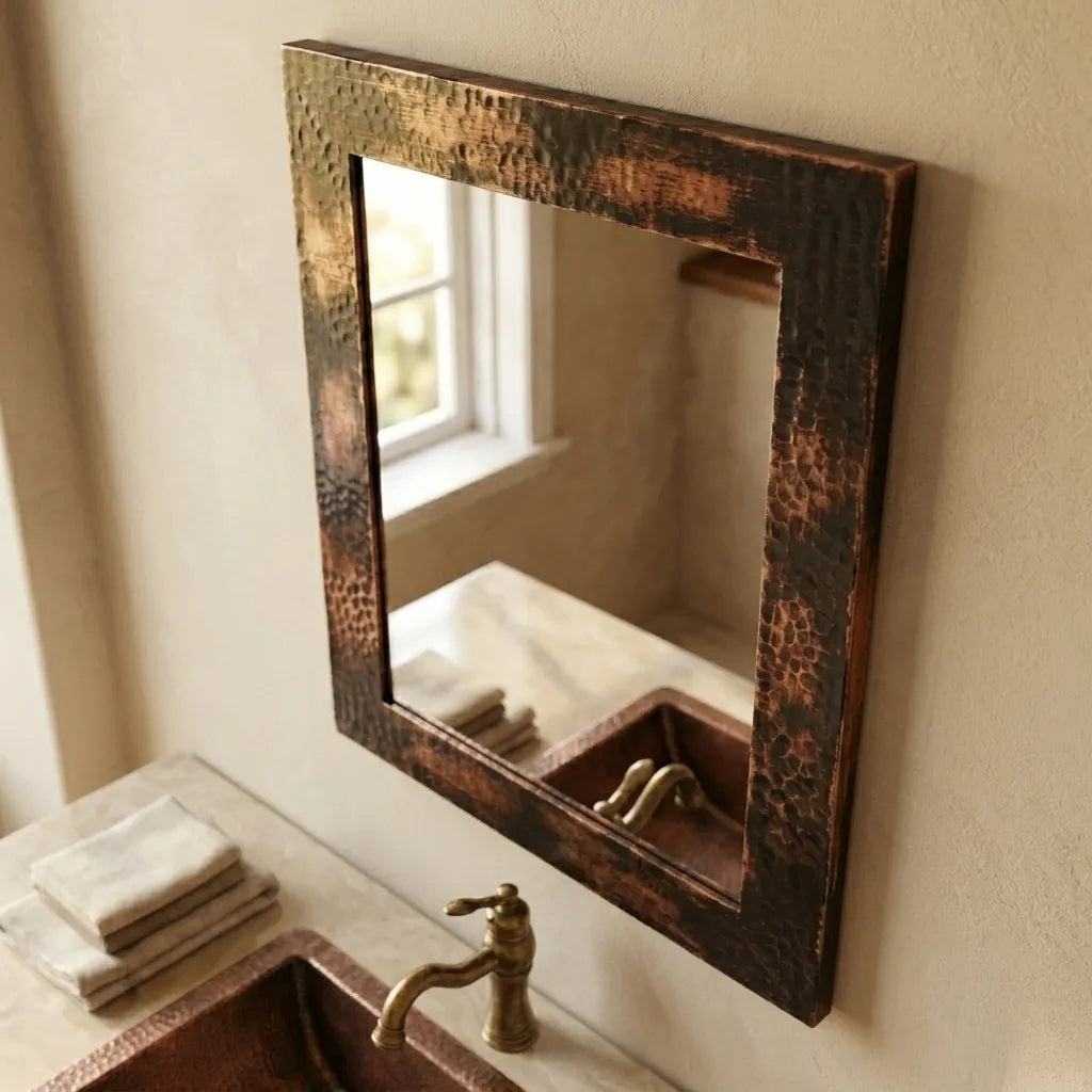 Aged Hammered Copper Bathroom Mirror – Rustic Vanity Decor