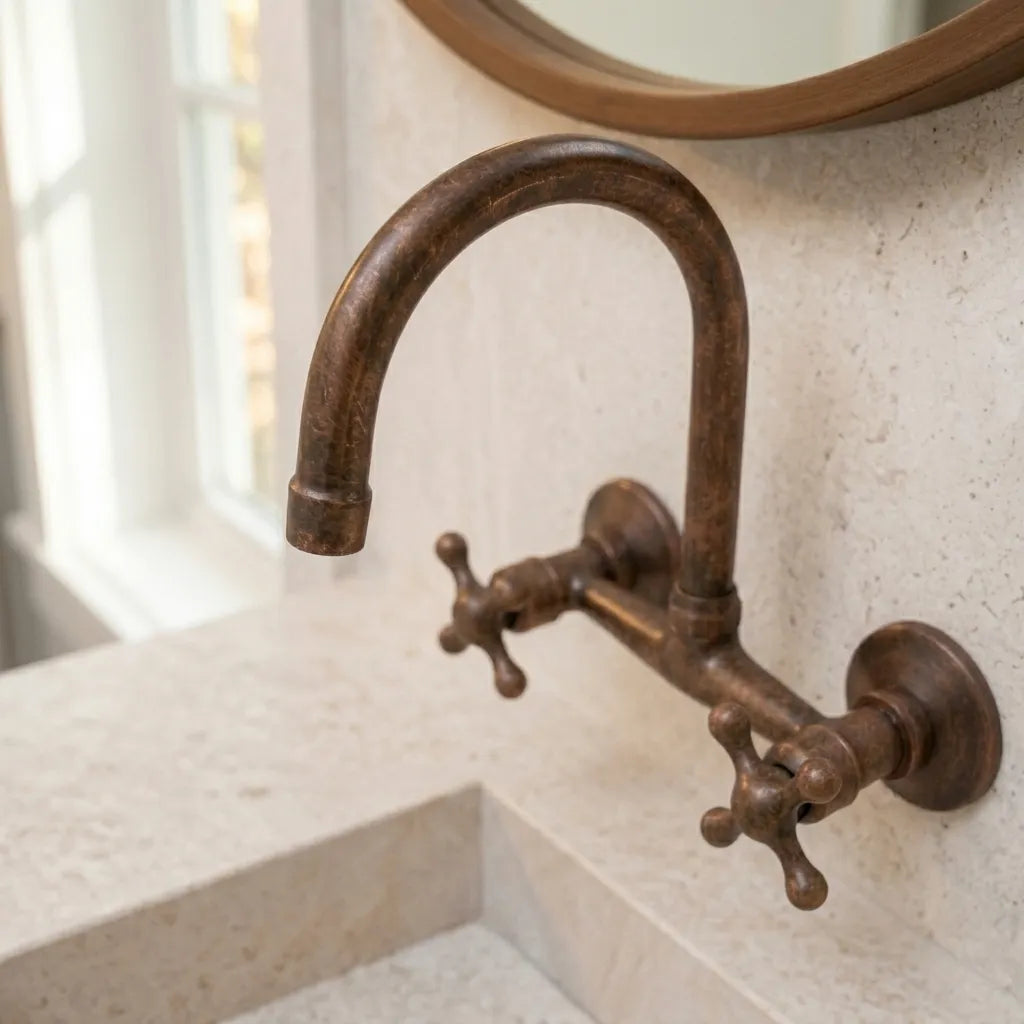 Vintage Copper Wall Sink Faucet with Goose Neck Spout