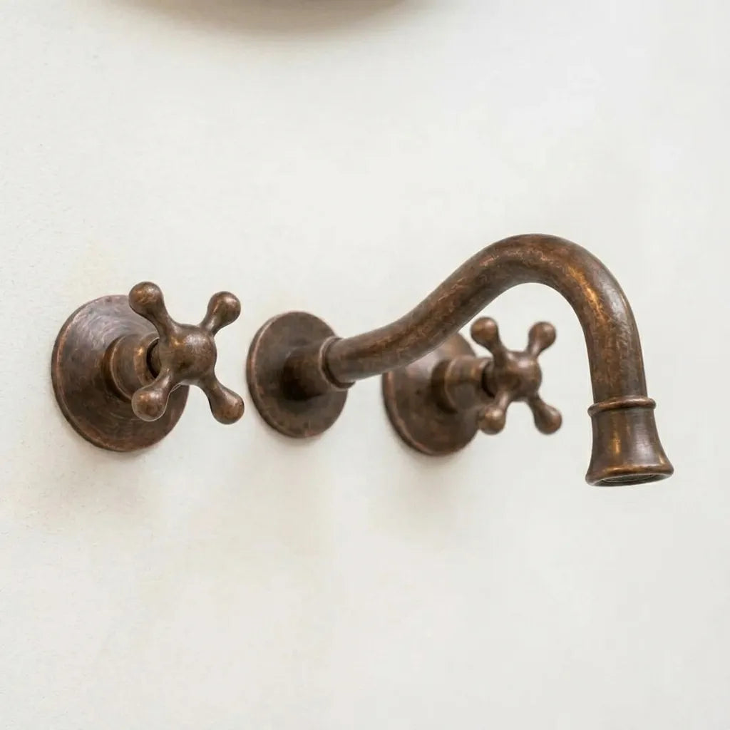 Aged Copper Wall Faucet with Vintage Cross Handles