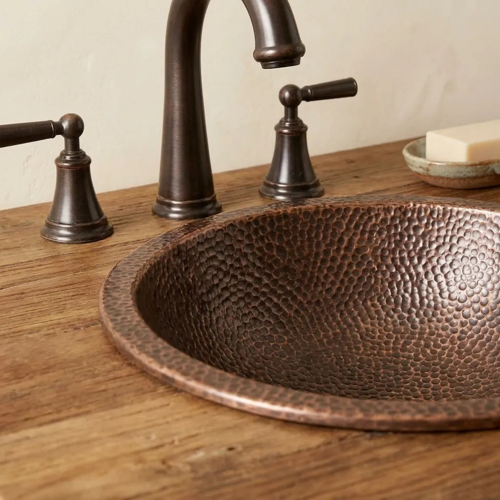Hammered Copper Bathroom Sink Round Undermount Rustic Vanity Basin