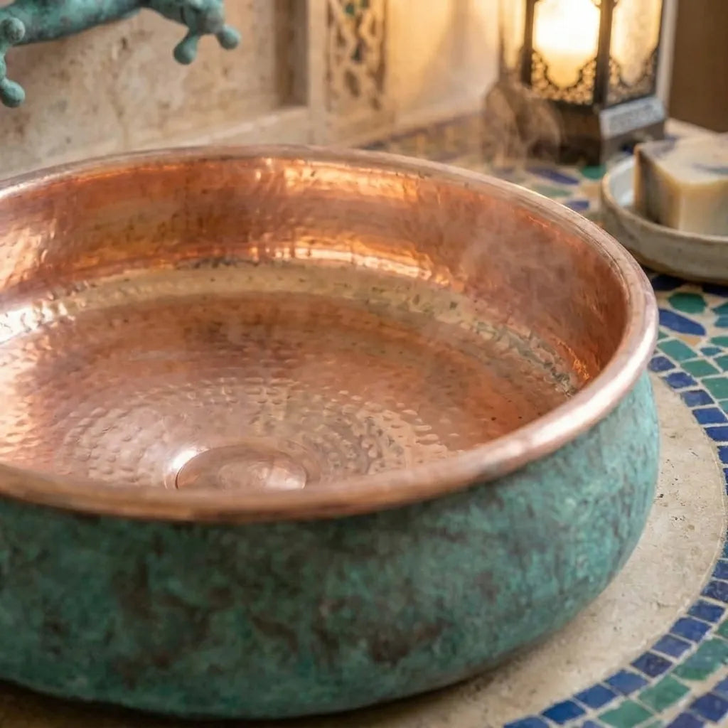 Verdigris Copper Vessel Sink – Round Moroccan Bathroom Basin