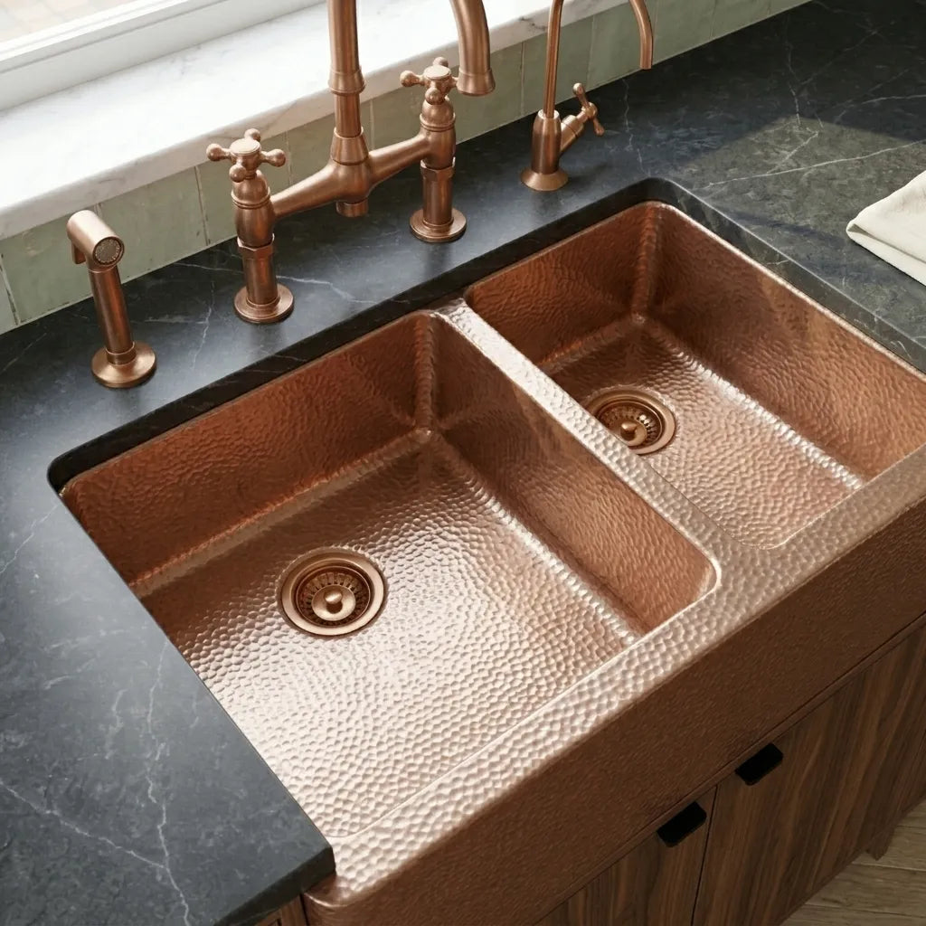 Artisan Copper Farmhouse Kitchen Sink with Double Basin