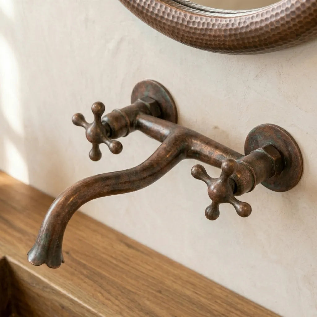 Aged Copper Wall Faucet – Vintage Cross Handle Sink Tap