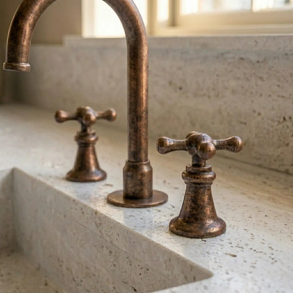 Rustic Copper Widespread Vanity Faucet with Cross Handles