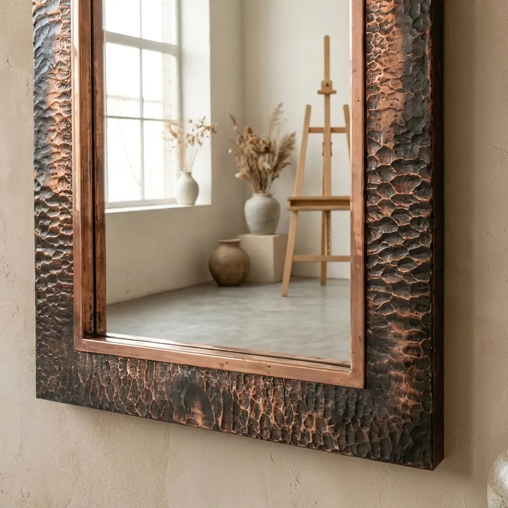 Patina Copper Rectangular Mirror – Artisan Bathroom Wall Accent