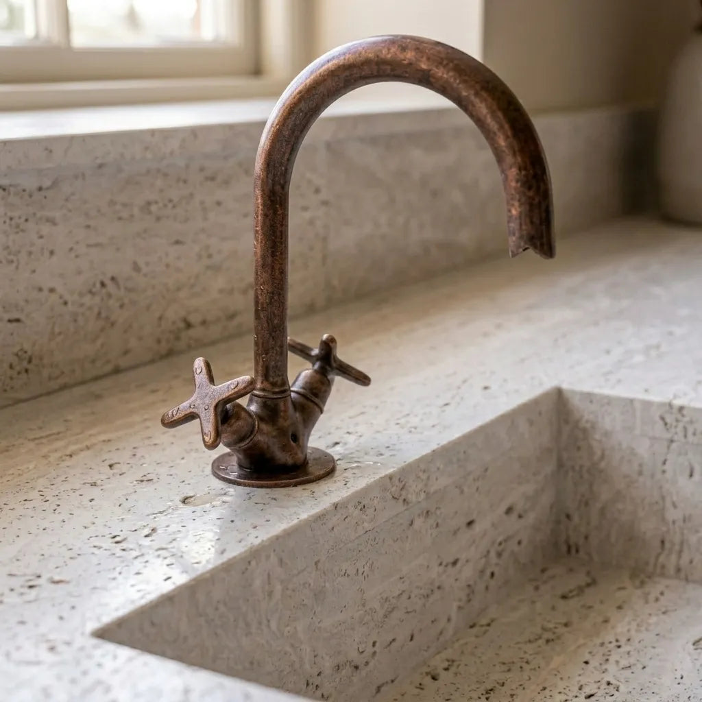 Rustic Aged Copper Vanity Faucet with Goose Neck Spout