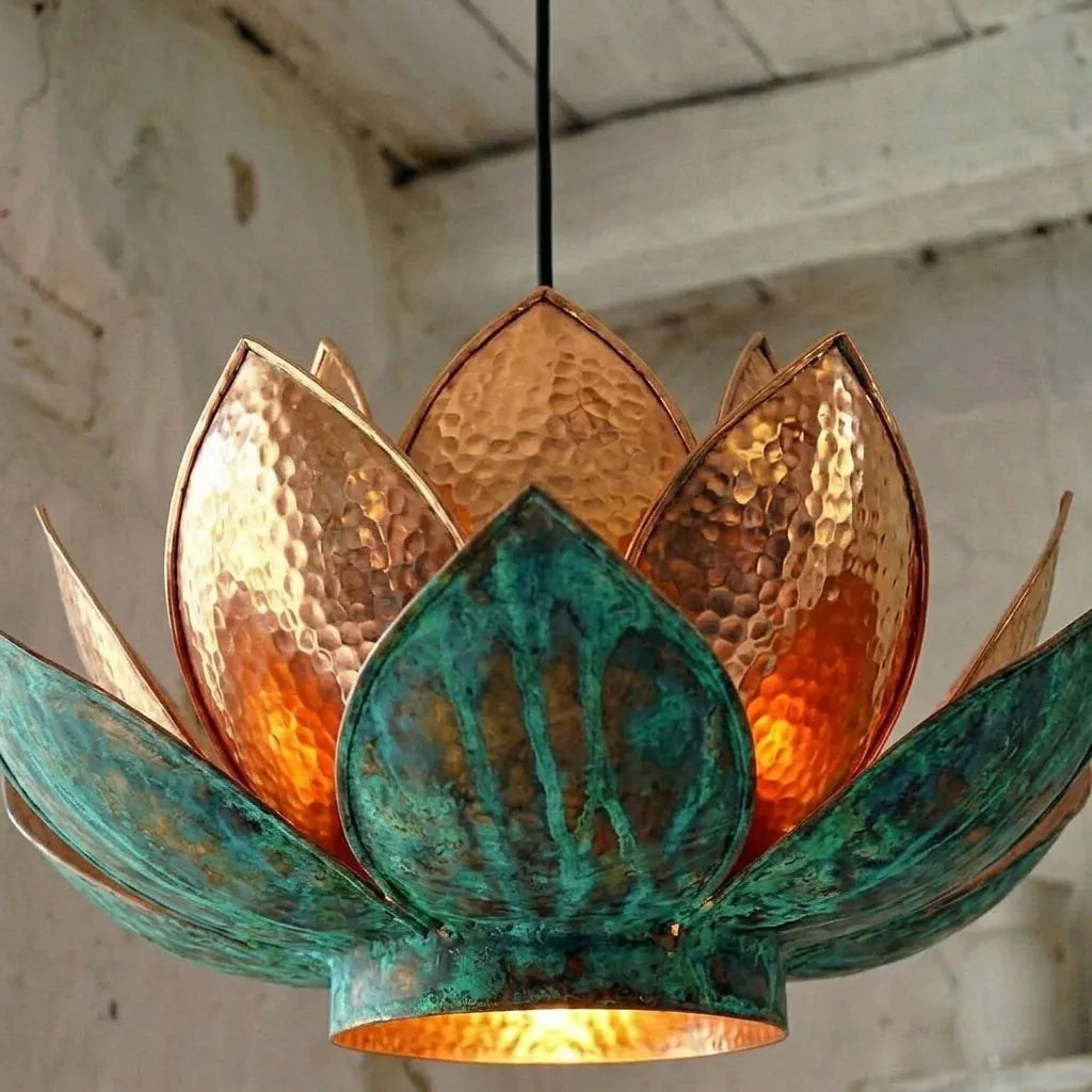 Handmade Hammered Copper Lotus Pendant Light with Verdigris Patina