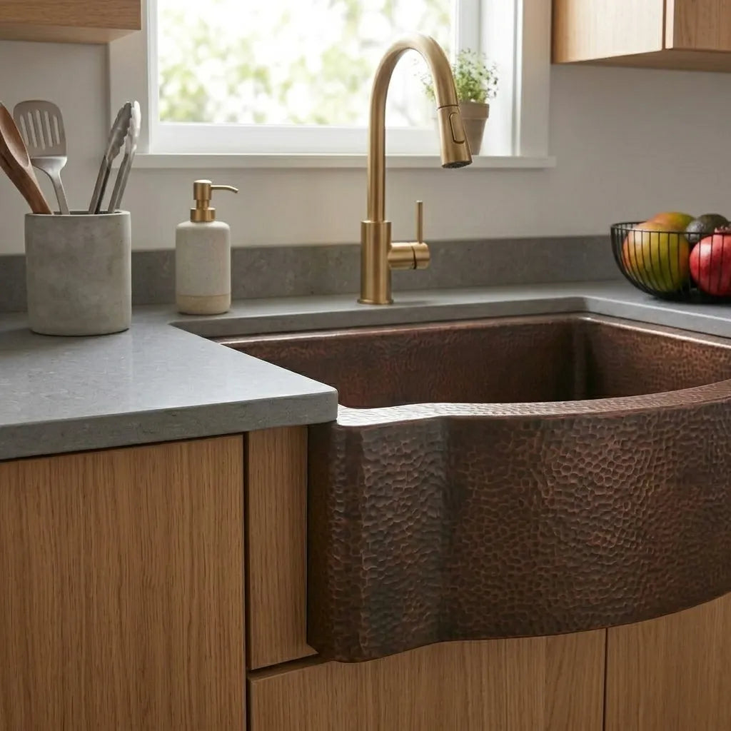 Curved Apron Patina Copper Farmhouse Kitchen Sink