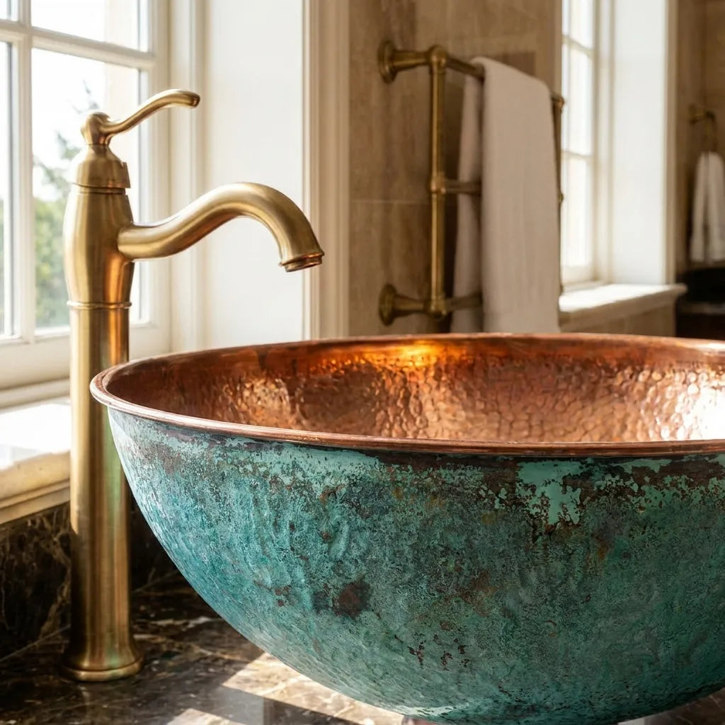 Copper Vessel Sink with Oxidized Finish – Round Hammered Bathroom Basin