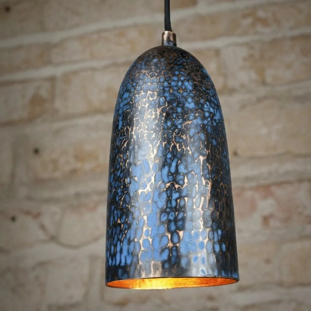 Handmade Blue Patina Copper Pendant Light – Rustic Hammered Ceiling Lamp