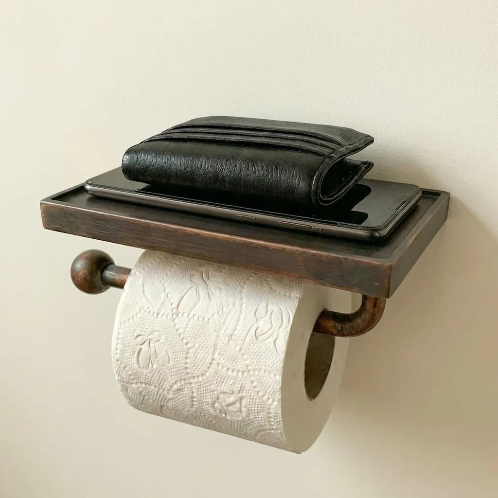 Vintage Copper Toilet Paper Holder with Phone Shelf