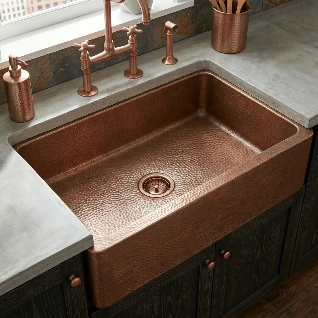 Handmade Hammered Copper Farmhouse Apron Front Kitchen Sink