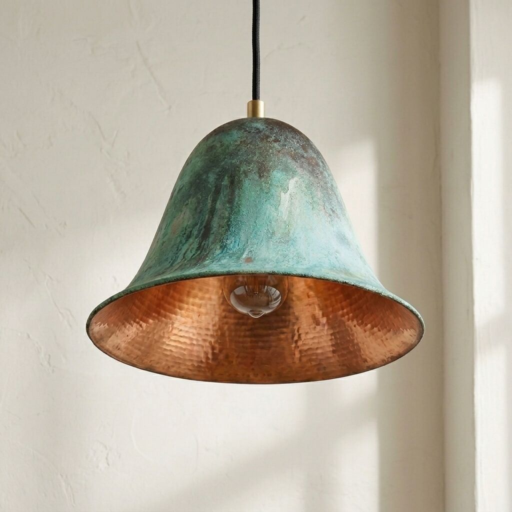 Handmade Oxidized Copper Pendant Light, Green Patina Dome Lamp