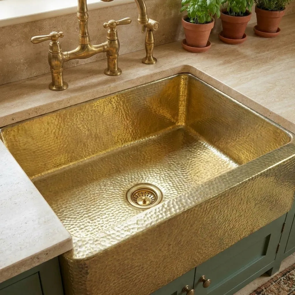 Handmade Hammered Brass Farmhouse Kitchen Sink with Apron Front