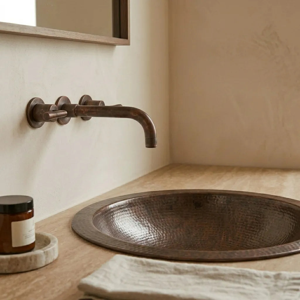 Copper Bathroom Sink Hammered Drop-In Basin – Round Vanity Sink