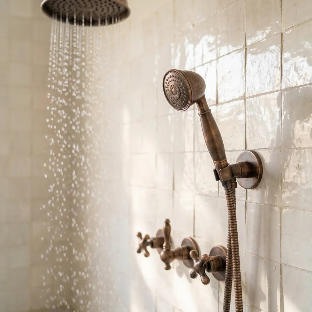 Aged Copper Rain Shower System with Handheld Sprayer