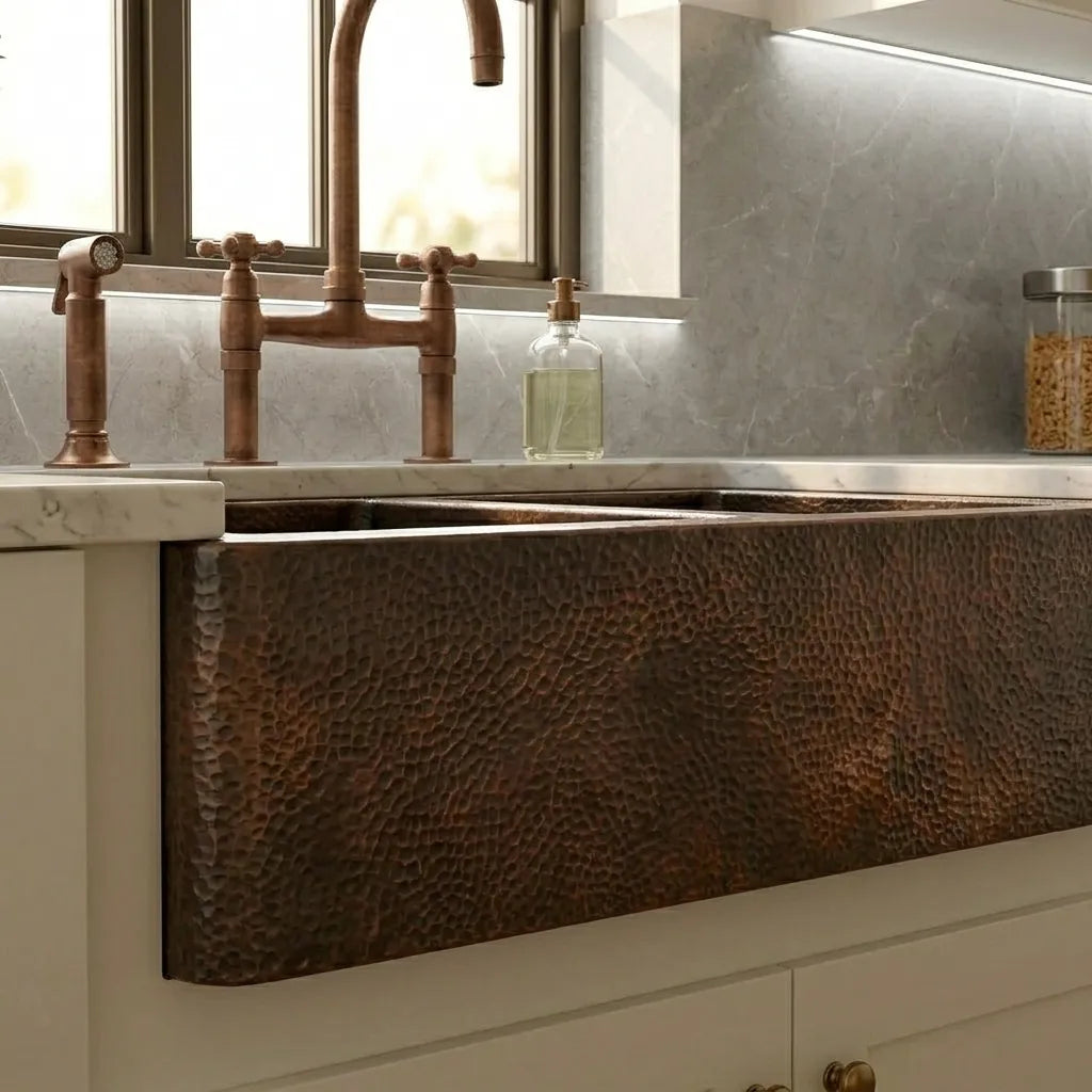 Hammered Copper Double Bowl Farmhouse Apron Kitchen Sink