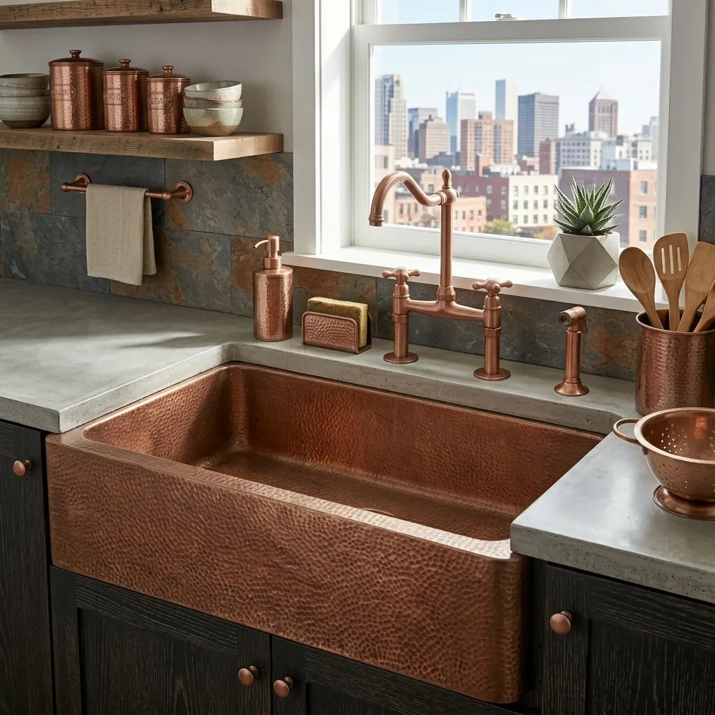 Handmade Hammered Copper Farmhouse Apron Front Kitchen Sink