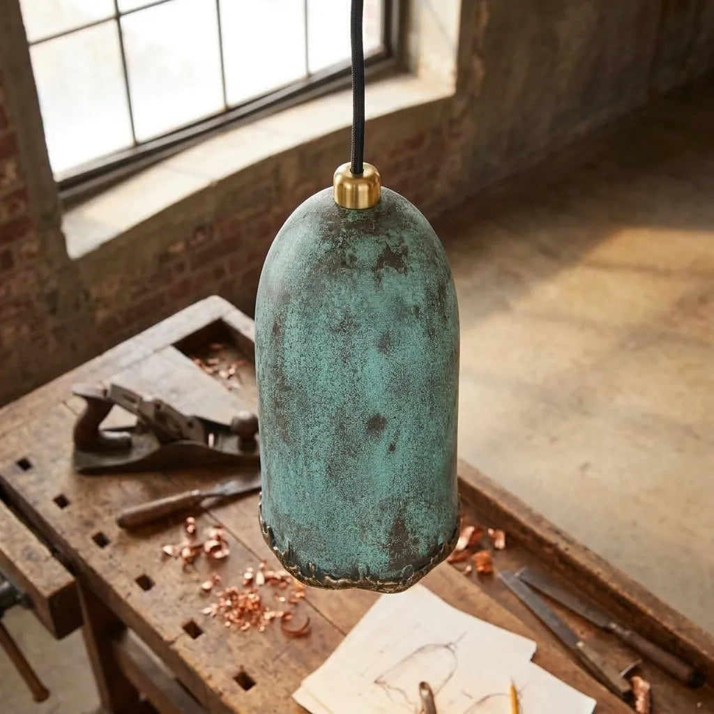 Handmade Verdigris Copper Pendant Light for Rustic Kitchen Island