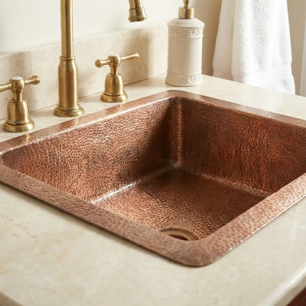 Hammered Copper Drop-In Bathroom Sink – Square Vanity Basin