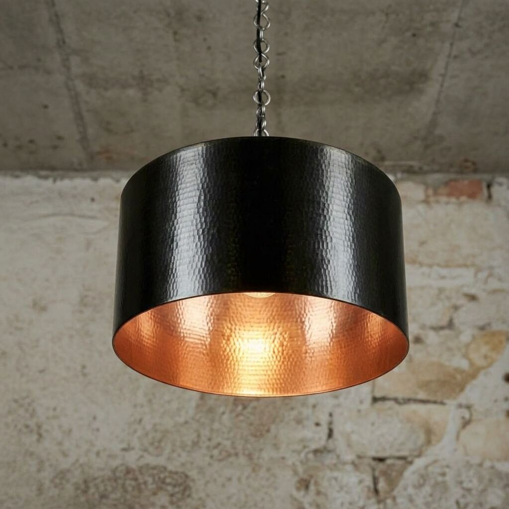 Black Hammered Drum Pendant Light – Rustic Copper Interior Ceiling Lamp