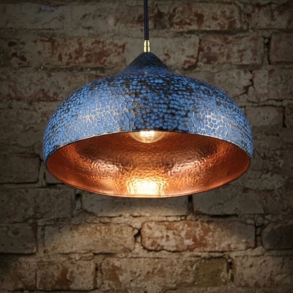 Handmade Blue Patina Copper Pendant Light – Rustic Dome Ceiling Lamp