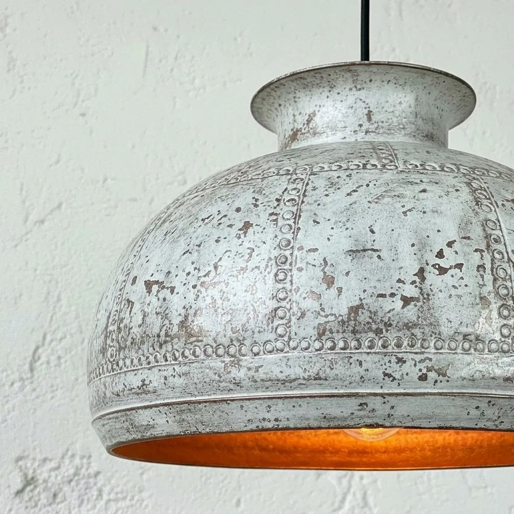 Handmade White Patina Copper Dome Pendant Light for Farmhouse Interiors