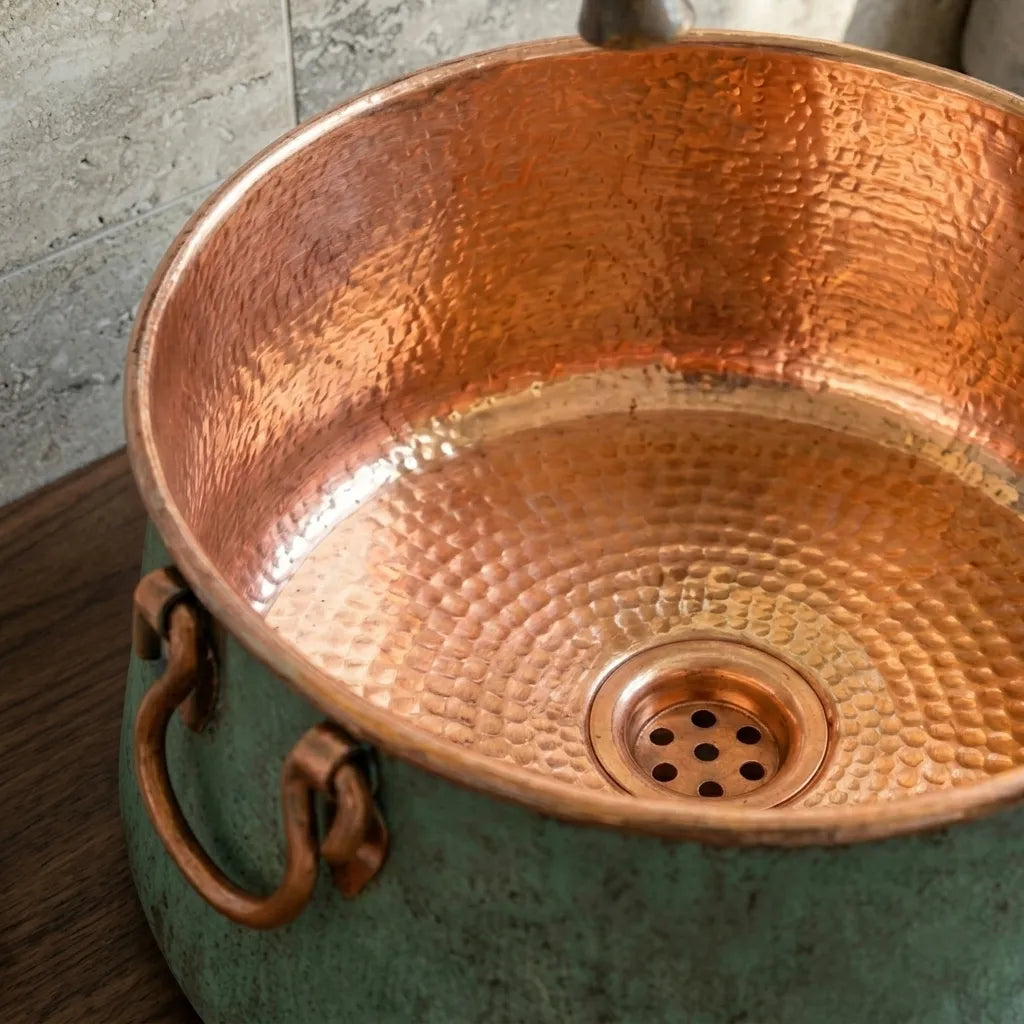 Verdigris Copper Bucket Sink with Hammered Vanity Bowl