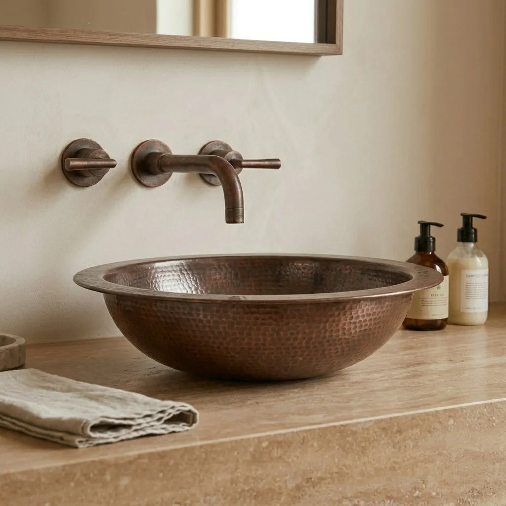 Copper Bathroom Sink Hammered Drop-In Basin – Round Vanity Sink