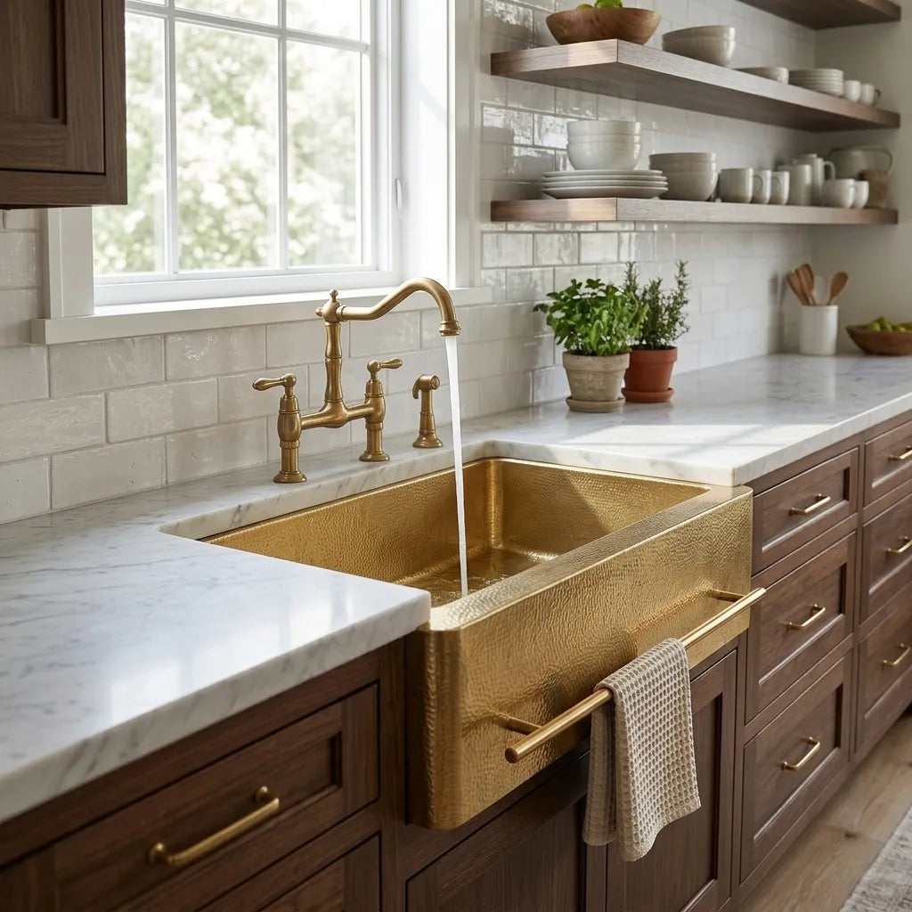 Handmade Hammered Brass Apron Front Kitchen Sink with Towel Bar