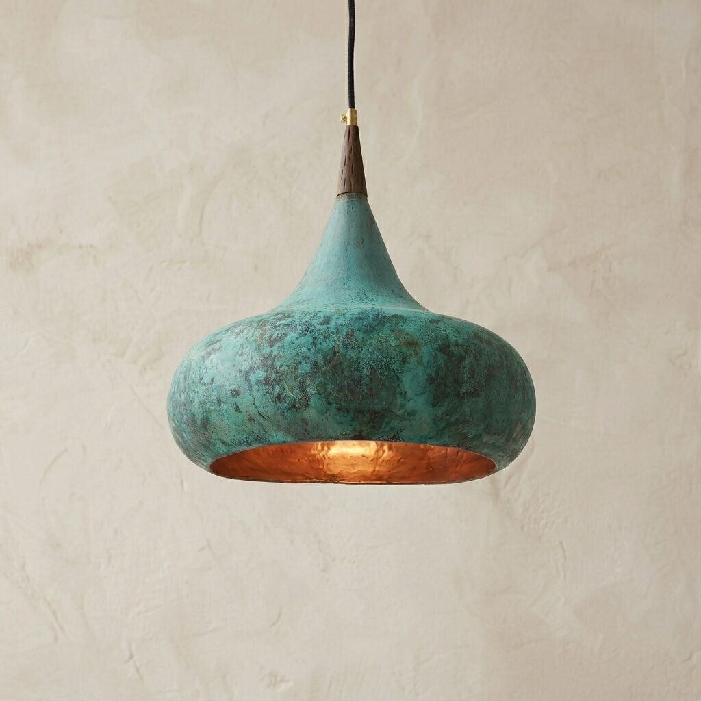 Handmade Verdigris Copper Pendant Light with Wood Accent
