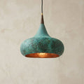 Handmade Verdigris Copper Pendant Light with Wood Accent