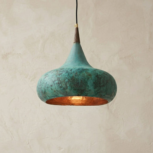 Handmade Verdigris Copper Pendant Light with Wood Accent