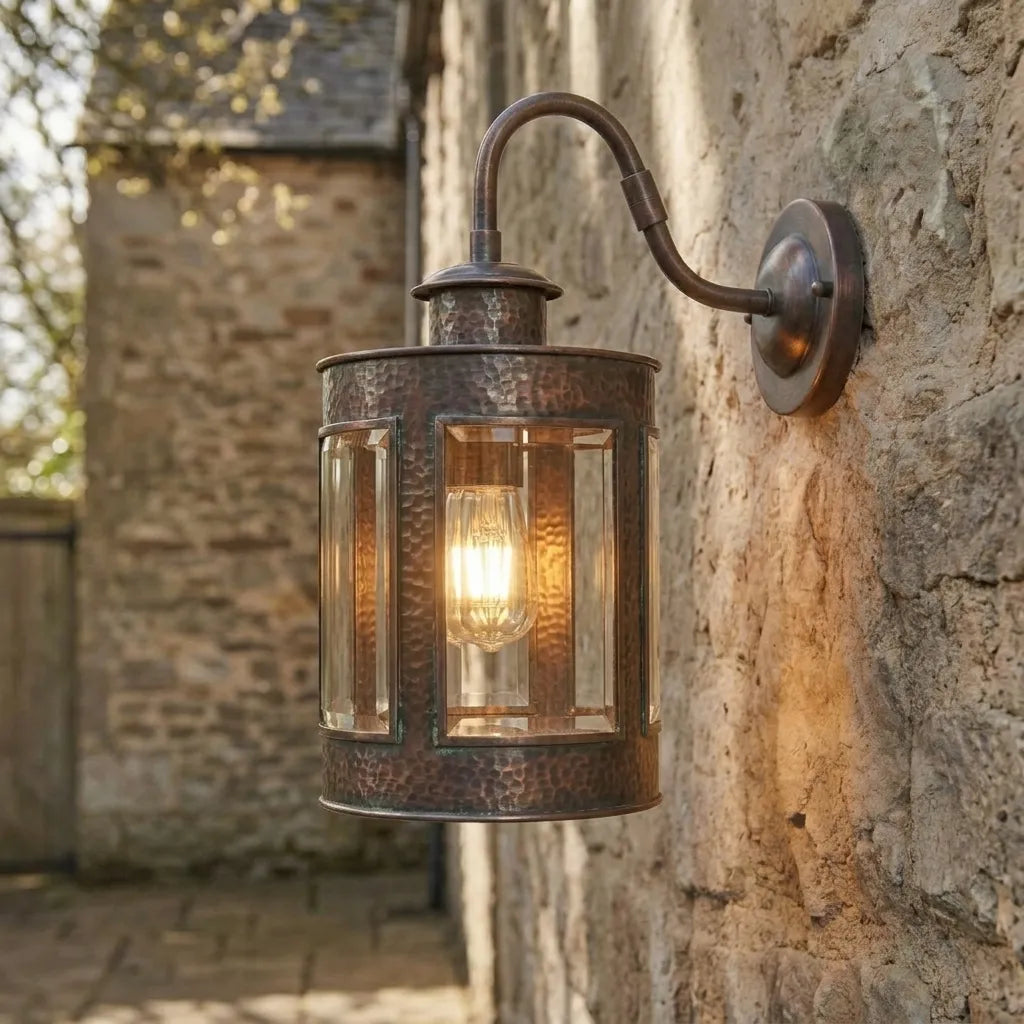 Aged Copper Outdoor Wall Lantern – Hammered Glass Sconce