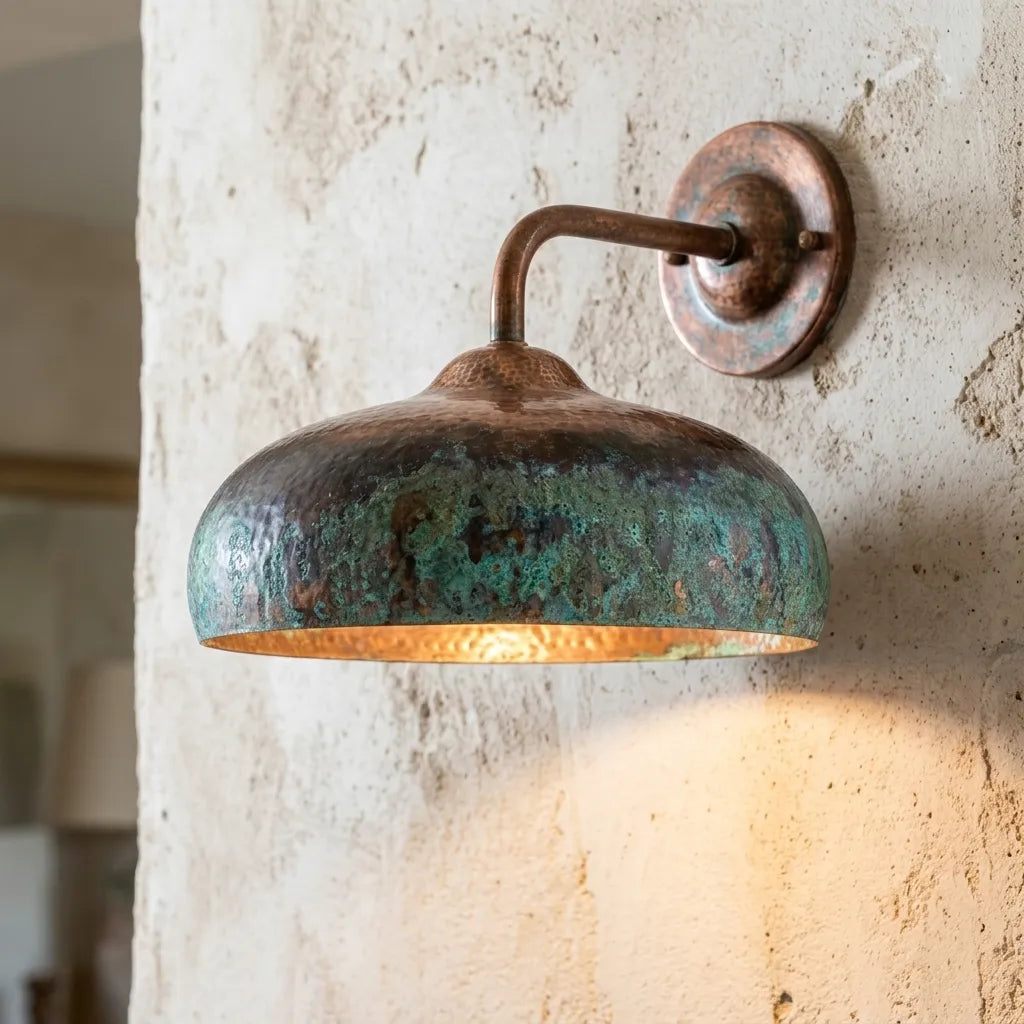 Aged Copper Gooseneck Sconce with Verdigris Dome