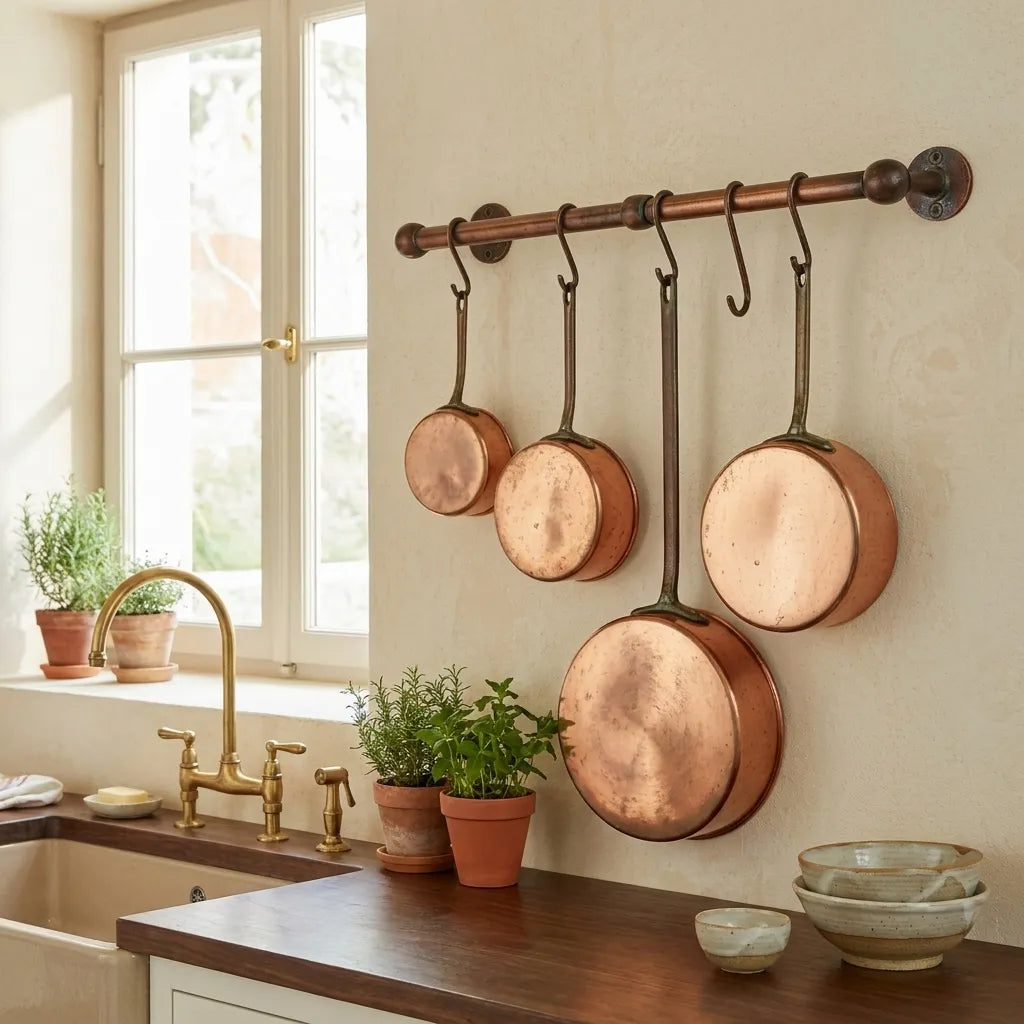 Rustic Copper Wall Pot Rail with S Hooks for Kitchen Storage