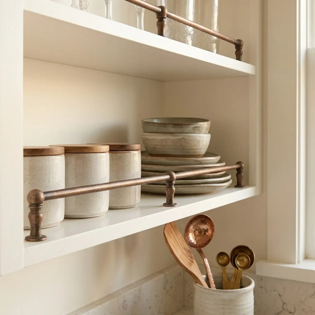 Burnished Copper Shelf Guard Rail for Kitchen Cabinets