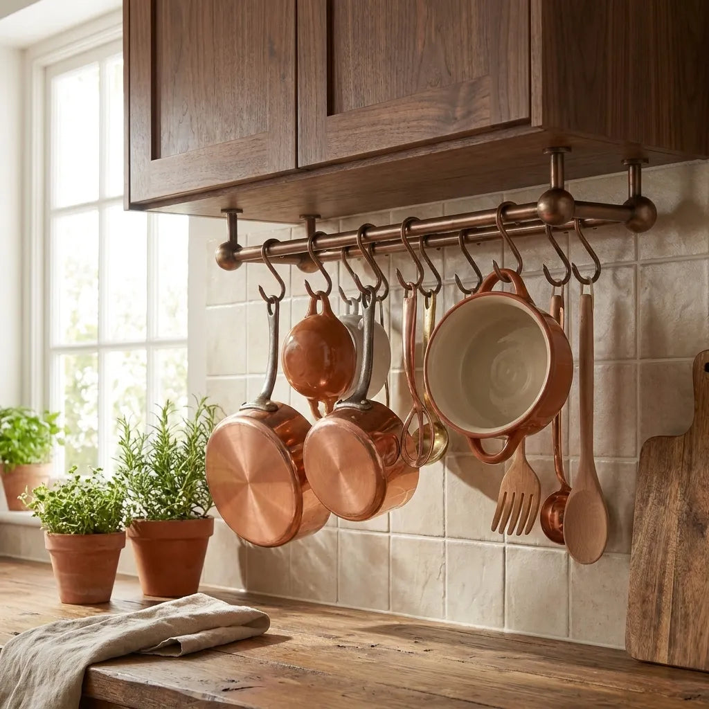 Aged Copper Under Cabinet Pot Rail with S Hooks