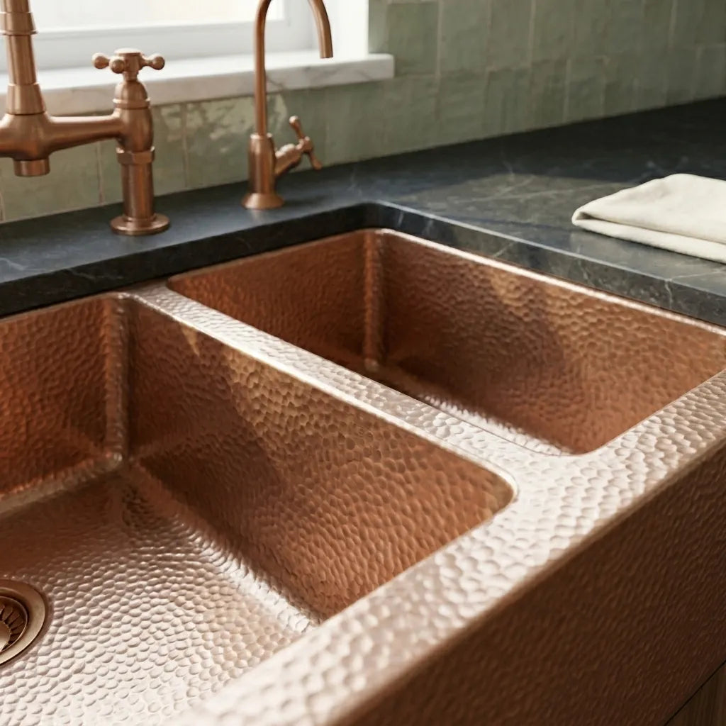 Artisan Copper Farmhouse Kitchen Sink with Double Basin