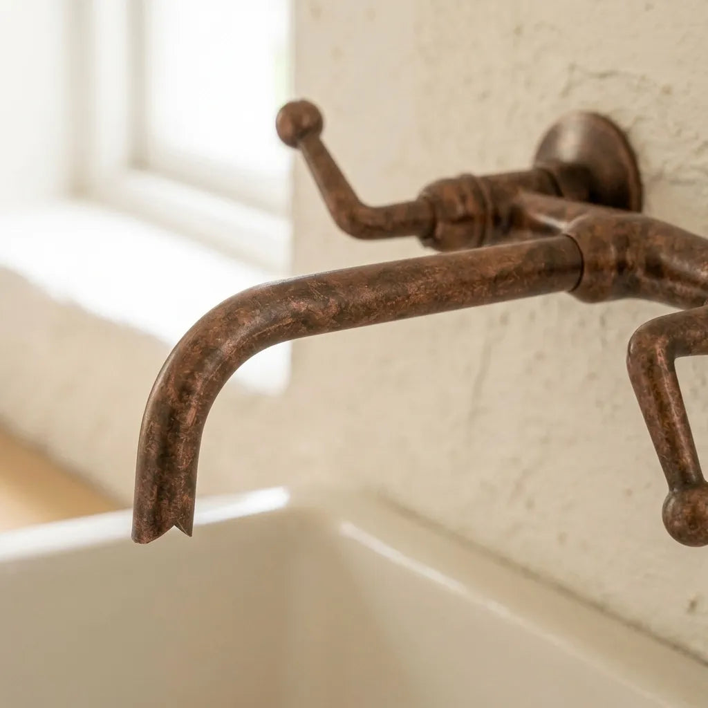 Rustic Aged Copper Wall Faucet with Crossbar Lever Handles