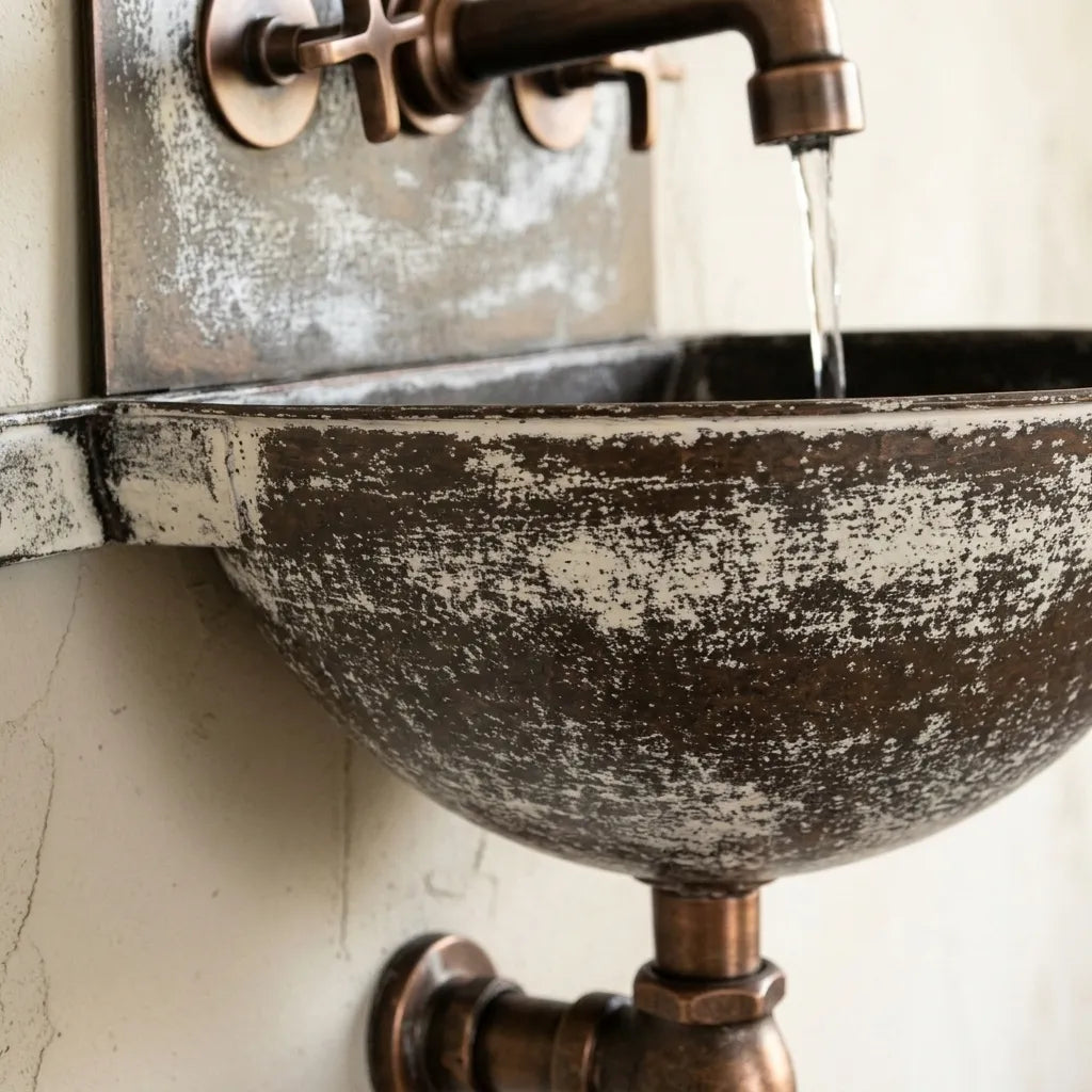 Distressed White Copper Wall Sink with Aged Copper Faucet