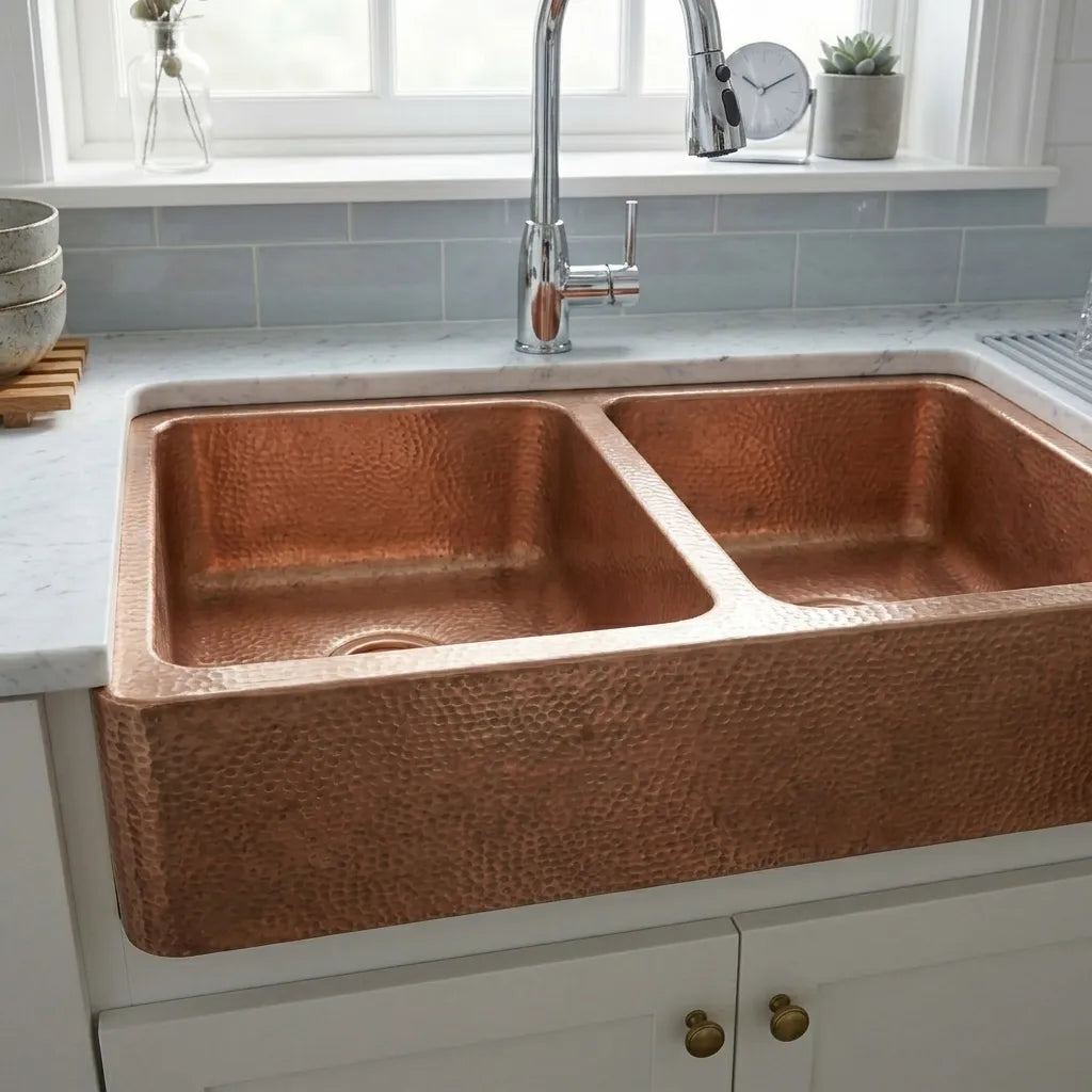 Artisan Hammered Double Bowl Copper Farmhouse Apron Front Kitchen Sink