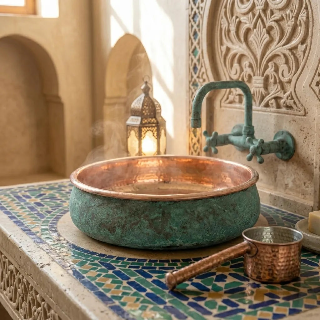 Verdigris Copper Vessel Sink – Round Moroccan Bathroom Basin