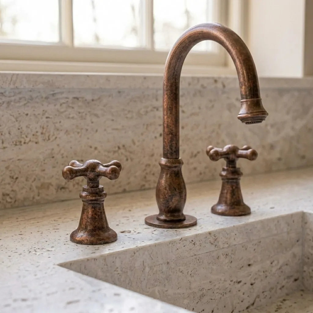 Aged Copper Widespread Bathroom Faucet with Cross Handles