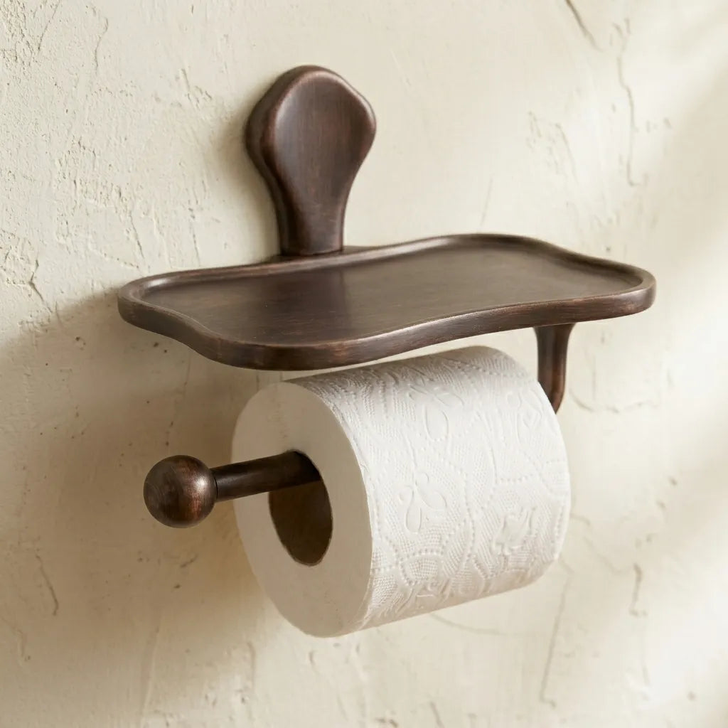 Aged Copper Toilet Paper Holder with Shelf – Wall Mounted
